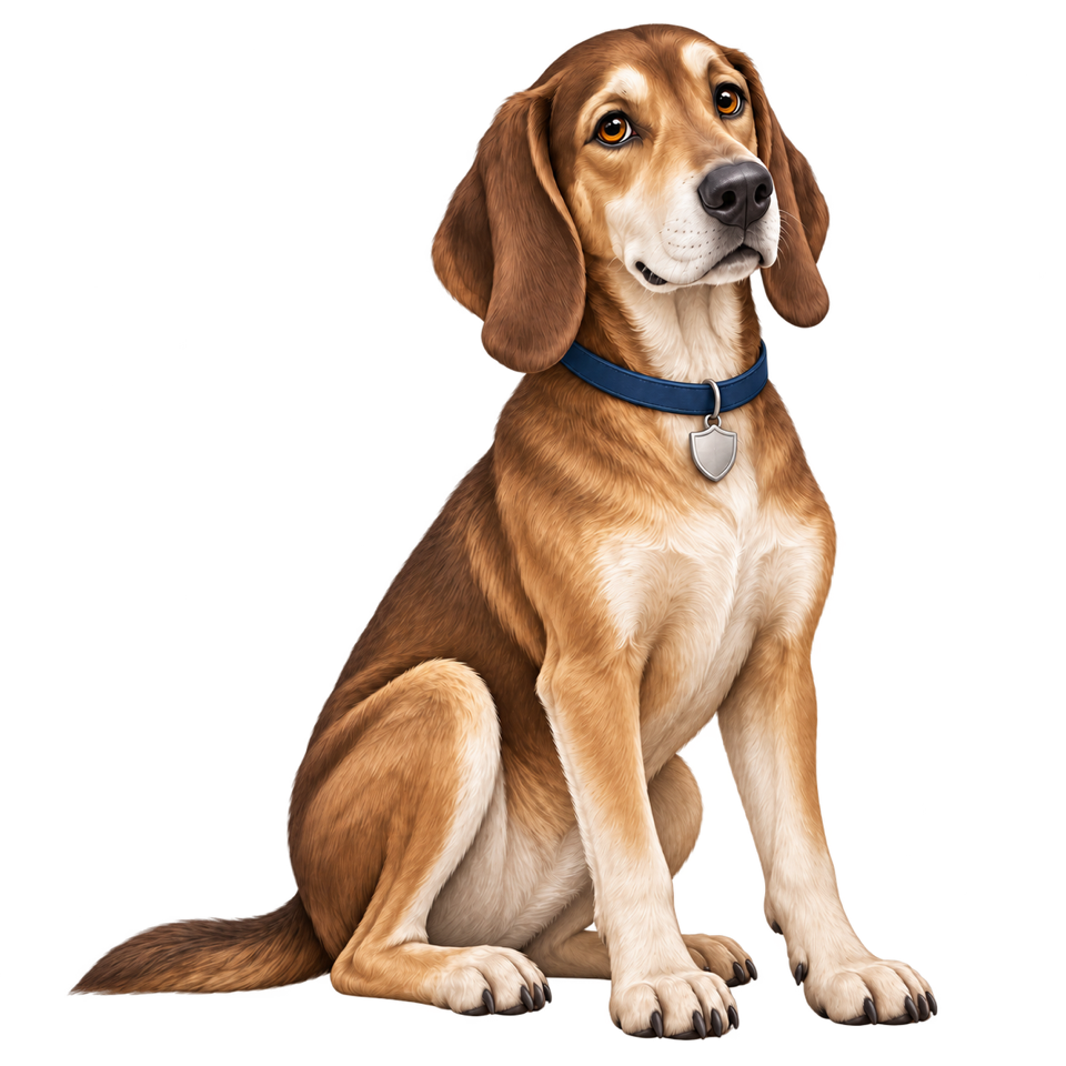 RiskHound's golden sable hound sitting attentively, wearing a navy collar with a silver shield tag.
