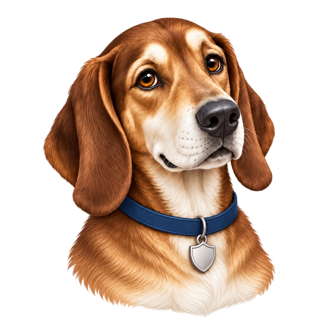 Portrait of the RiskHound hound looking up attentively.